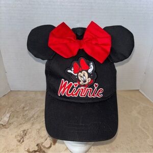 Minnie Mouse Childs Black Hat with Red Bow and Monogrammed “Minnie”.  OSFM